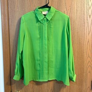 Vintage Voir Sheer Lime Green Embroidered Pleated Blouse with Shoulder Pads